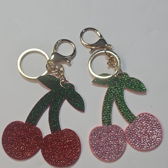 Top & Top Accessories - Double Cherry Rhinestone Keychain Bag Charm Qty 2 - Pink & Red NEW